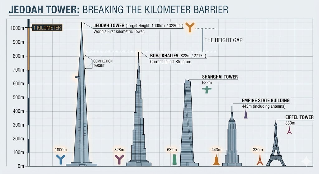 AECOdigital's tweet photo. Jeddah Tower: Breaking the 100-Story Barrier 

​A major milestone for the AECO industry: The Jeddah Tower has officially surpassed the 100th floor. Standing at approximately 400 meters, this isn't just vertical progress; it’s a masterclass in overcoming the "Physics of Scale."
​As the structure targets the world-first 1-kilometer mark, here is what makes this a 22nd-century engineering feat:

​The Buttressed Core: Refining the system used for the Burj Khalifa, the tower utilizes a Y-shaped concrete core. This design provides the extreme lateral stiffness needed to fight wind loads at high altitudes without massive outrigger trusses.

​Computational Certainty: Engineers are using advanced simulation to ensure the core performs exactly as predicted—crucial when the structure is essentially "attacking" the atmosphere.

​Operational Velocity: Since resuming in early 2025, the project has moved at a blistering pace. Achieving 40 stories in roughly 15 months proves that when the tech stack and logistics align, we can close the production gap on even the most ambitious megaprojects.

​The digital model is becoming a reality at the scale of 1,000+ meters. We are moving from "supertall" to the first truly kilometric structure. 
​#AECO #JeddahTower #StructuralEngineering #Vision2030 #Megaprojects #ConstructionInnovation #DigitalDelivery