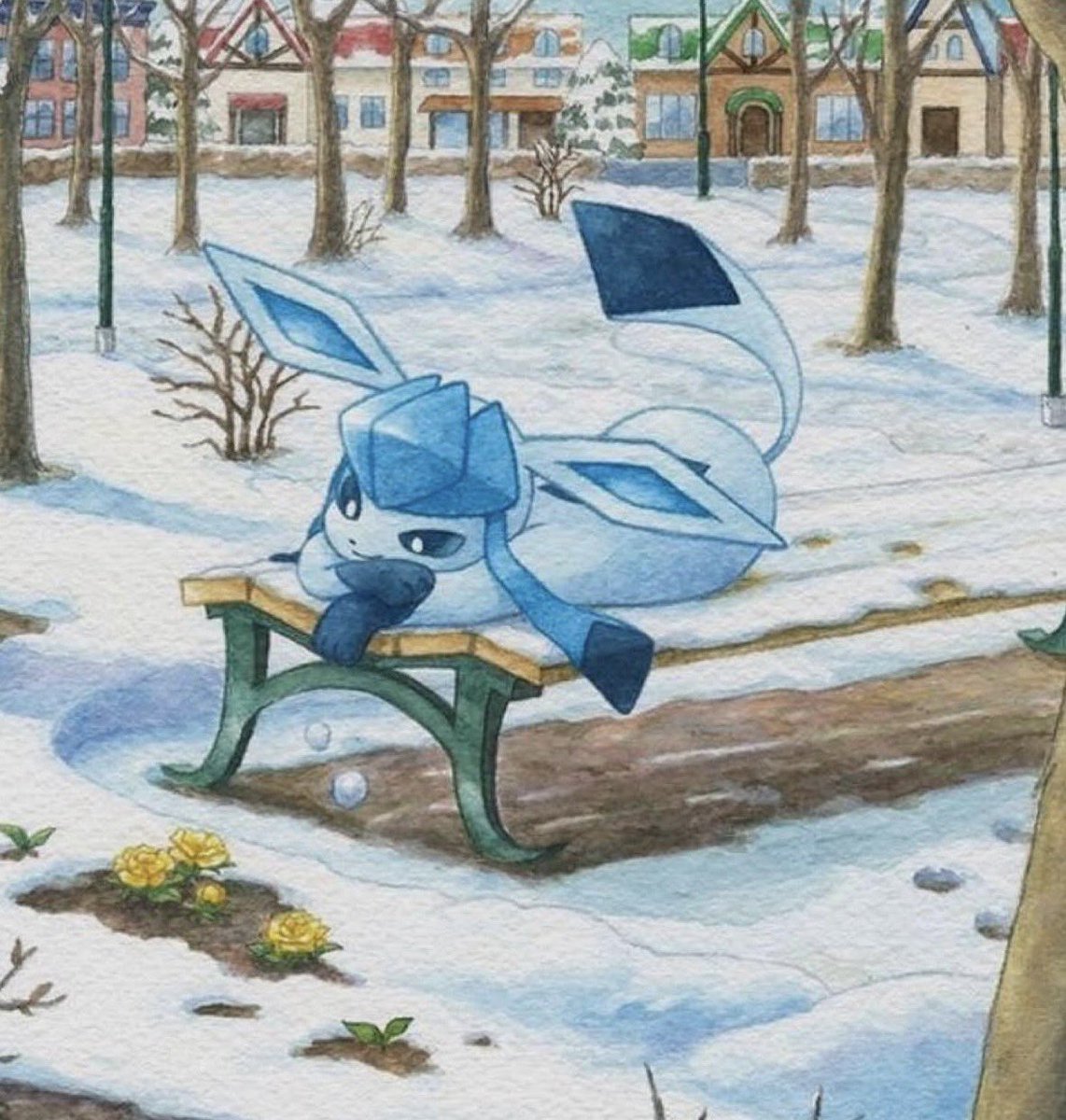 Glaceon sitting comfy on a bench!