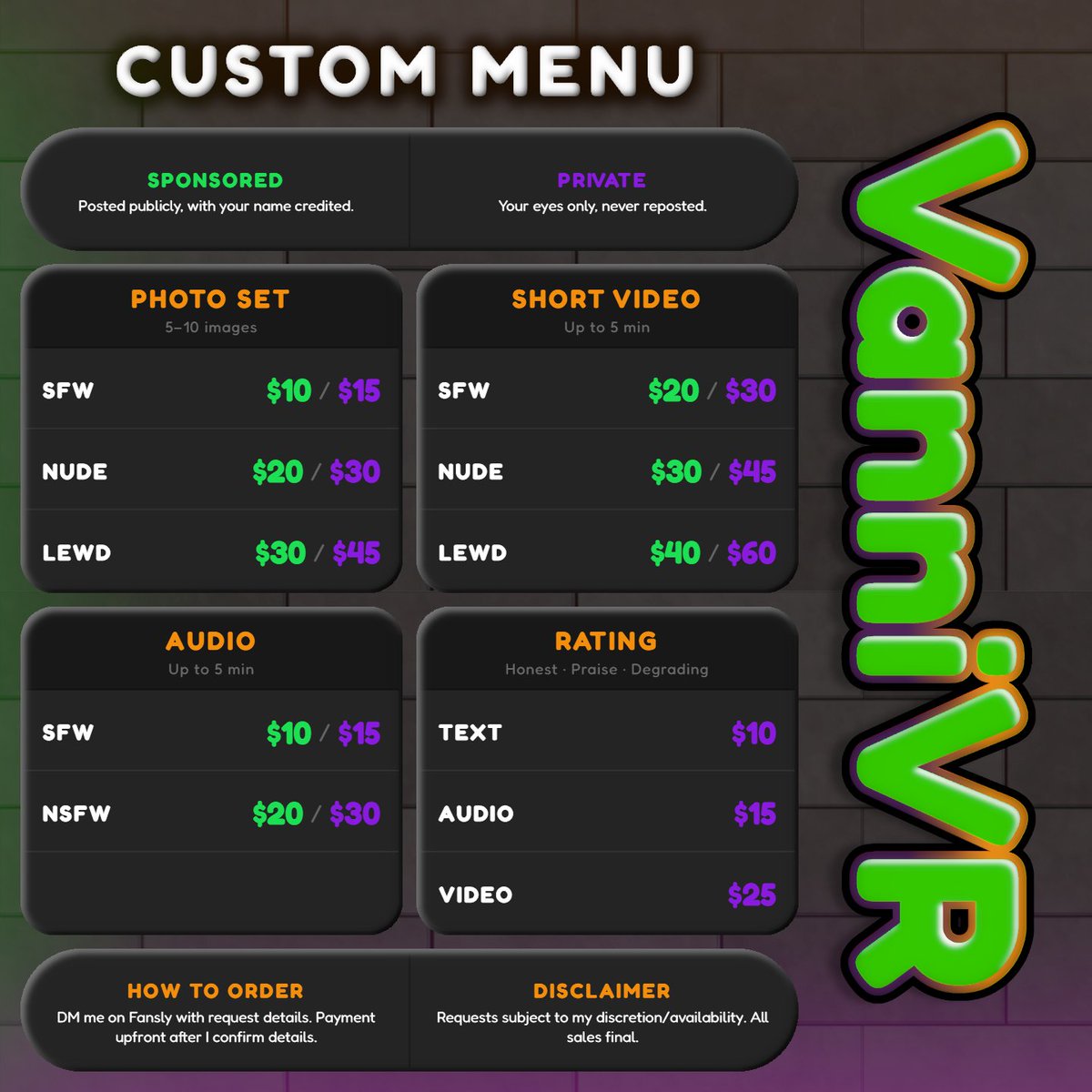 VanniVR_'s tweet photo. 🧡Custom Content is now officially open!💚
Photos | Videos | Audio | Ratings
Menu pinned on my page👉https://t.co/FzXyIecxuK https://t.co/7bGPKWldQR