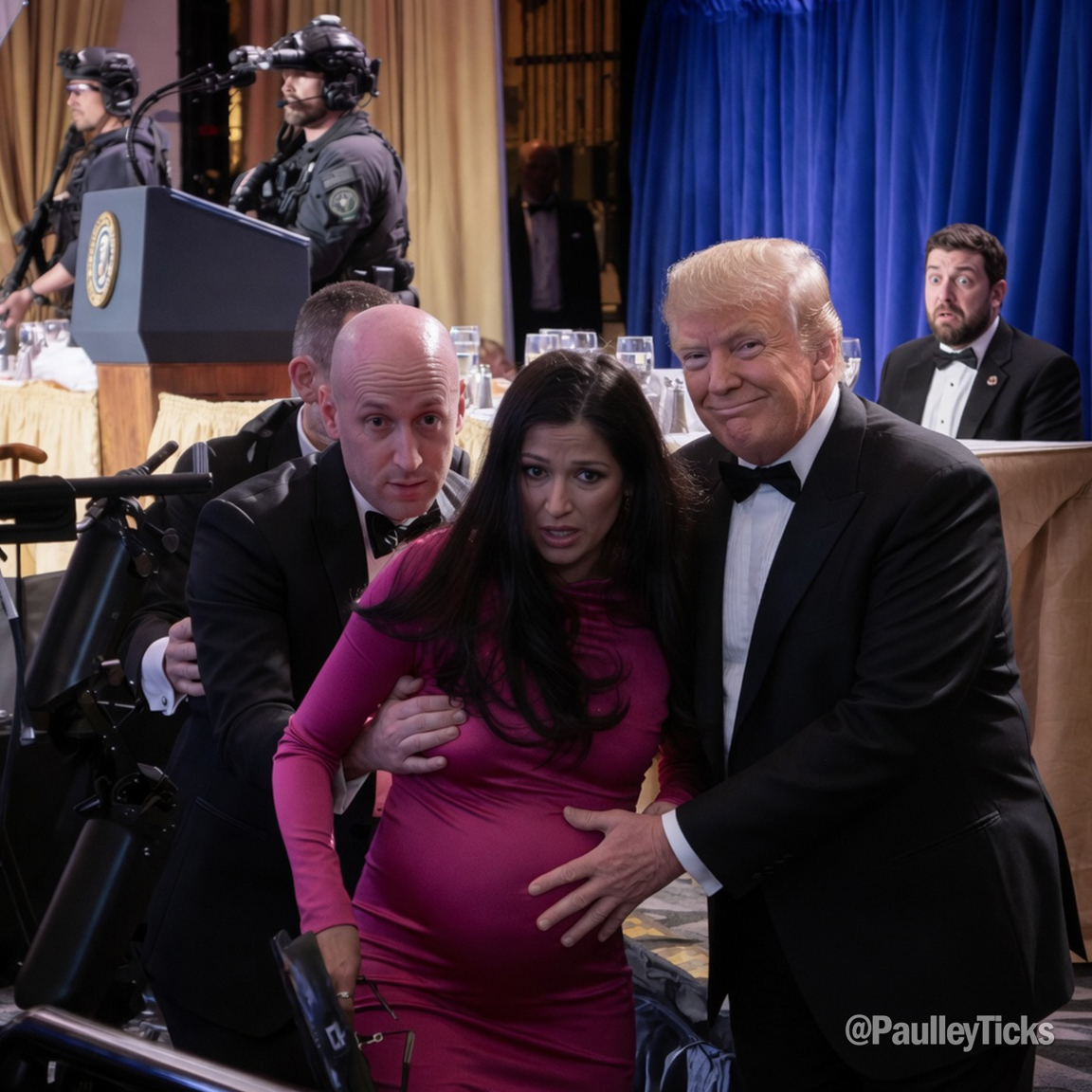 PaulleyTicks's tweet image. BREAKING: while attempting to evacuate the White House Correspondence Dinner, President Trump was caught trying to grope Katie Miller's unborn fetus, 

#DonaldTrump #TrumpShooting