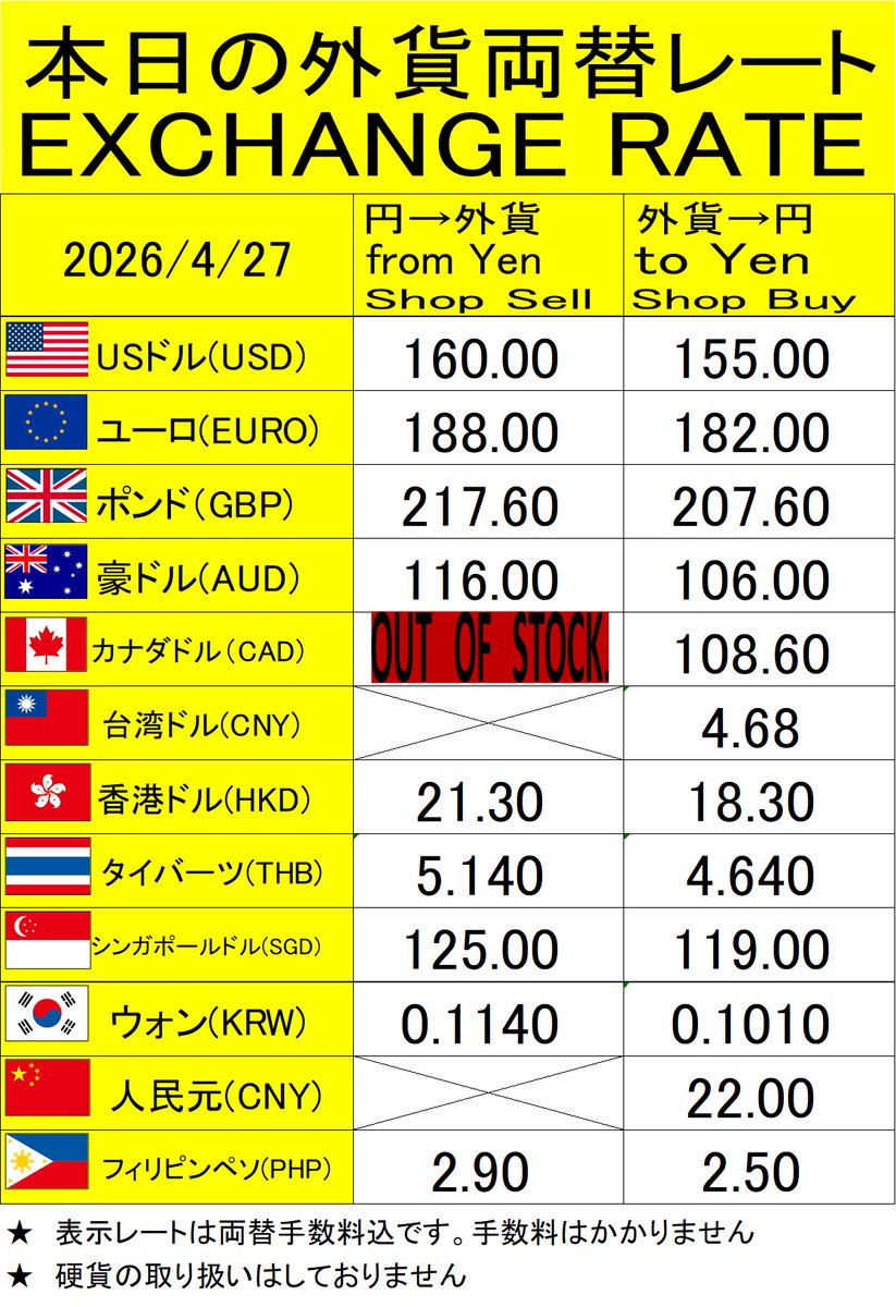 4/27  
本日の大黒屋高田馬場駅前店                             
オリジナル外貨両替レートです                                      
※両替手数料はありません                  
※10万円以上の取引は身分証提示お願いいたします                                      
宜しくお願い致します。