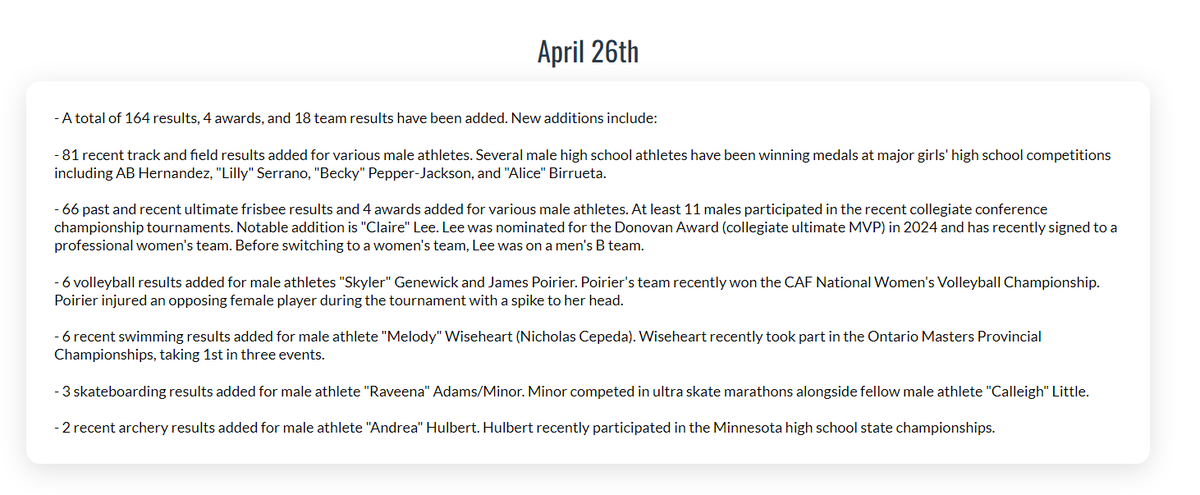 hecheateddotorg's tweet photo. New Update:

164 results have been added to the https://t.co/9dckqWqY6c database.

Men and boy's continue to push female athletes off the podium and out of our own sports. 

Boys have participated in at least 121 track and field events this year alone, despite federal law (title IX), state law (only boys with a "female identity" allowed on girls' teams violates anti-discrimination laws) and an executive order forbidding them from doing so.

At least 12 men are participating on "women's" collegiate ultimate frisbee teams as they move into the post-season with regionals fast approaching.

Please let me know if you are aware of an athlete or competition who does not yet appear on the list or if you notice something that needs correcting.