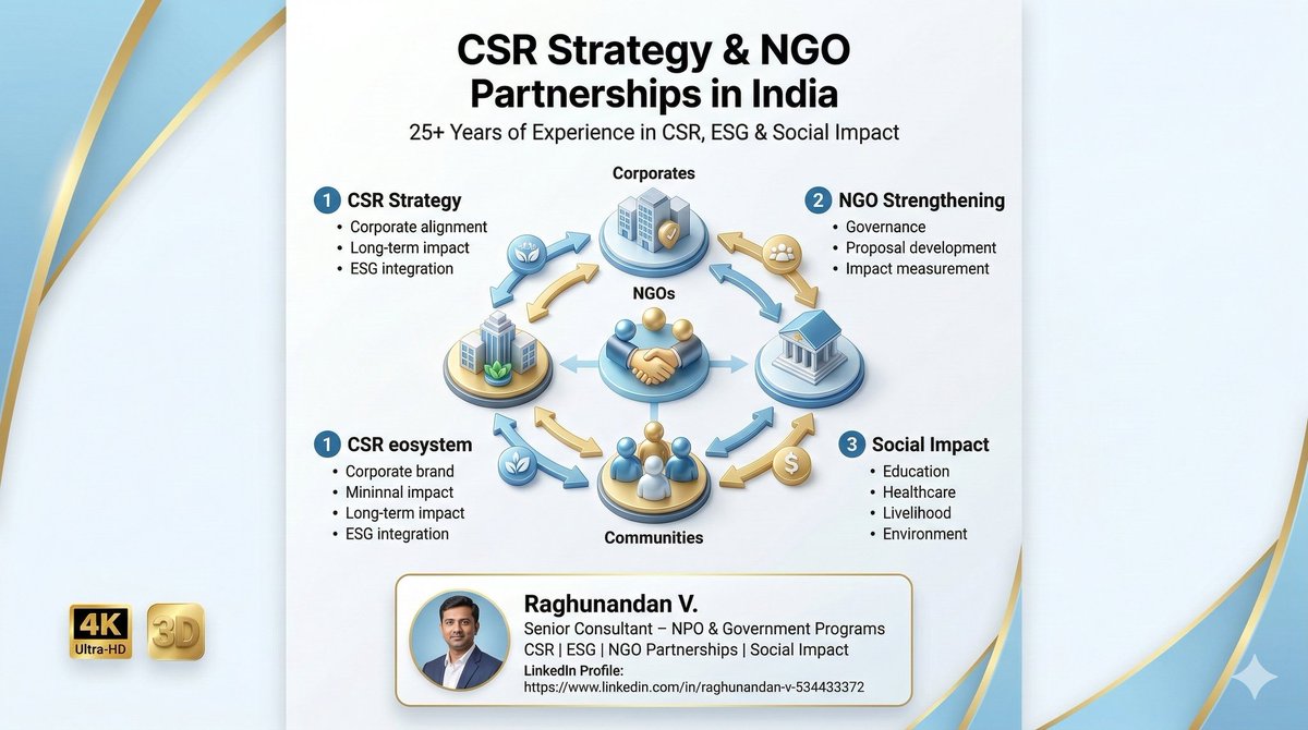 Raghu626754's tweet photo. CSR in India is no longer charity — it is strategic social investment.

Corporates, NGOs and government must work together to create measurable impact.

#CSRIndia #SocialImpact #NGO #ESG #CSRStrategy https://t.co/LYqIhYzthz