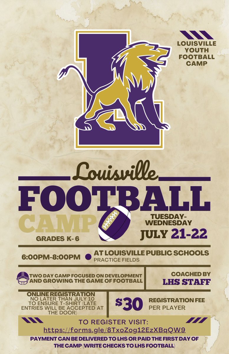 FBLouisville's tweet image. 🏈 Louisville Lions Youth Football Camp 2026 🦁

📅 July 21–22
📍 Practice Field @ Louisville Public Schools

Run by LHS coaches &amp;amp; players

Sign up now:  forms.gle/ySoShA96VJ5hPn…

Building the next generation of Lions 💪

#GoHunt  #WhatWeDo