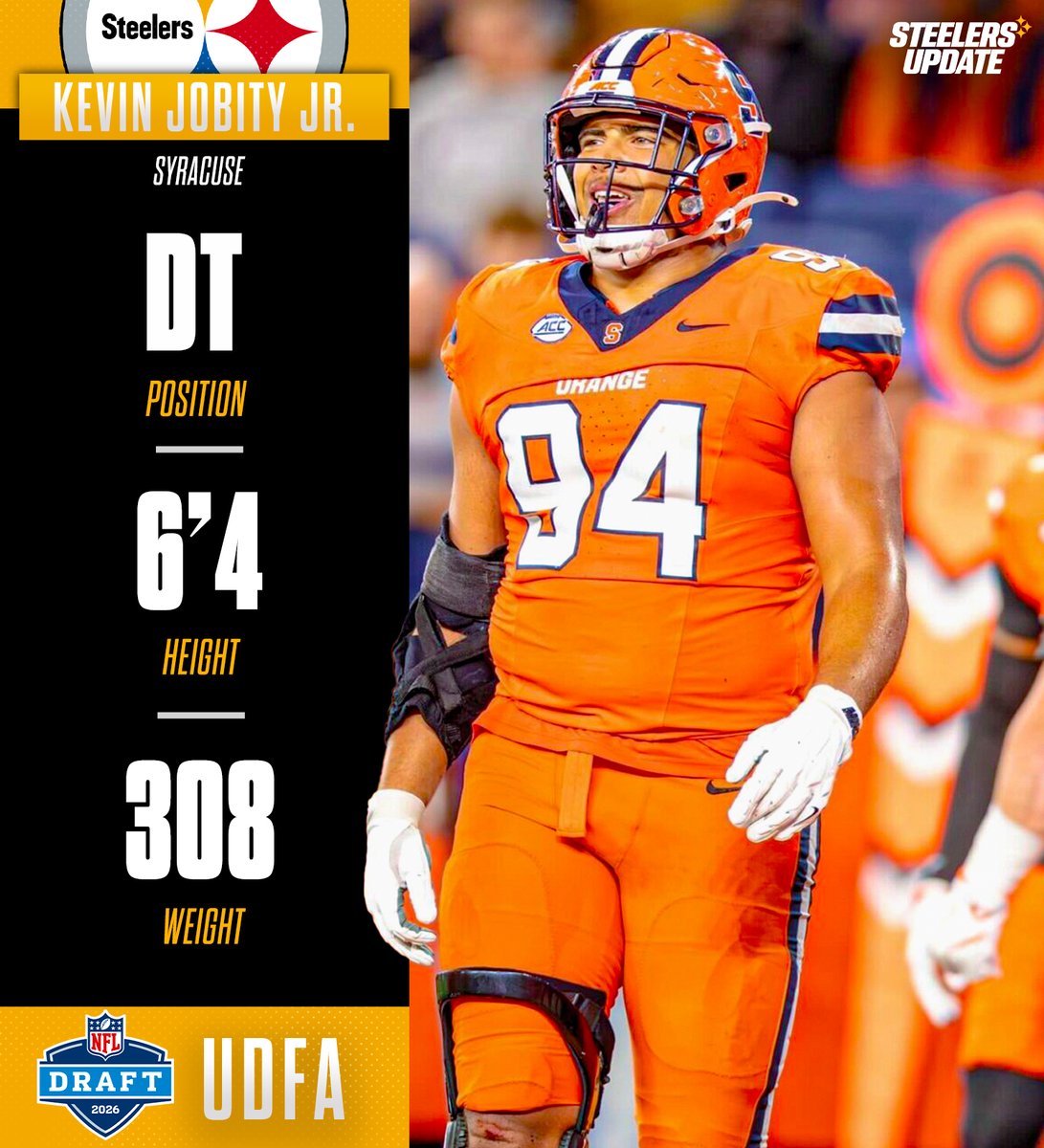 SteelersUpdate1's tweet image. Former #Syracuse DT Kevin Jobity Jr. is signing with the Pittsburgh #Steelers as an undrafted free agent.

In 2025, Jobity totaled 30 tackles, 6 TFLs, 5.0 sacks and 1 PD in 12 games.

Thoughts on the signing? 🤔