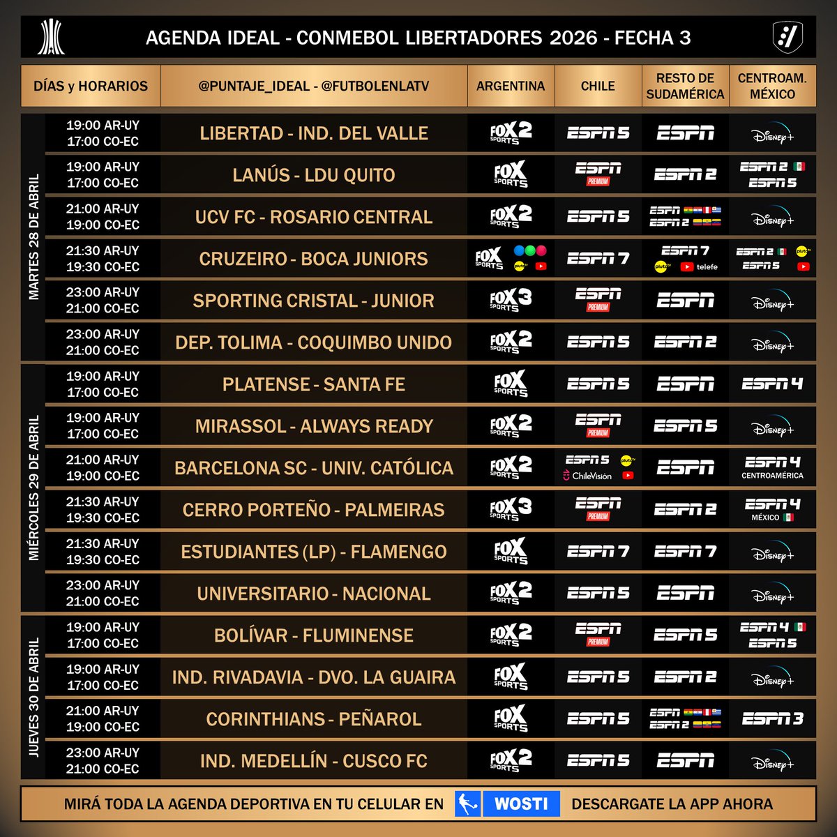 Puntaje_Ideal's tweet photo. ⚽ #AgendaIdeal | Programación para la fecha 3 de la fase de grupos de la Copa #Libertadores 2026.

➡️ Todos los partidos también disponibles en Disney+.

📌 Mirá la agenda deportiva en nuestra app, disponible en Android (https://t.co/iC3ELIR1kk) y iOS (https://t.co/F365GLNDwx) https://t.co/PqzhhZNThI