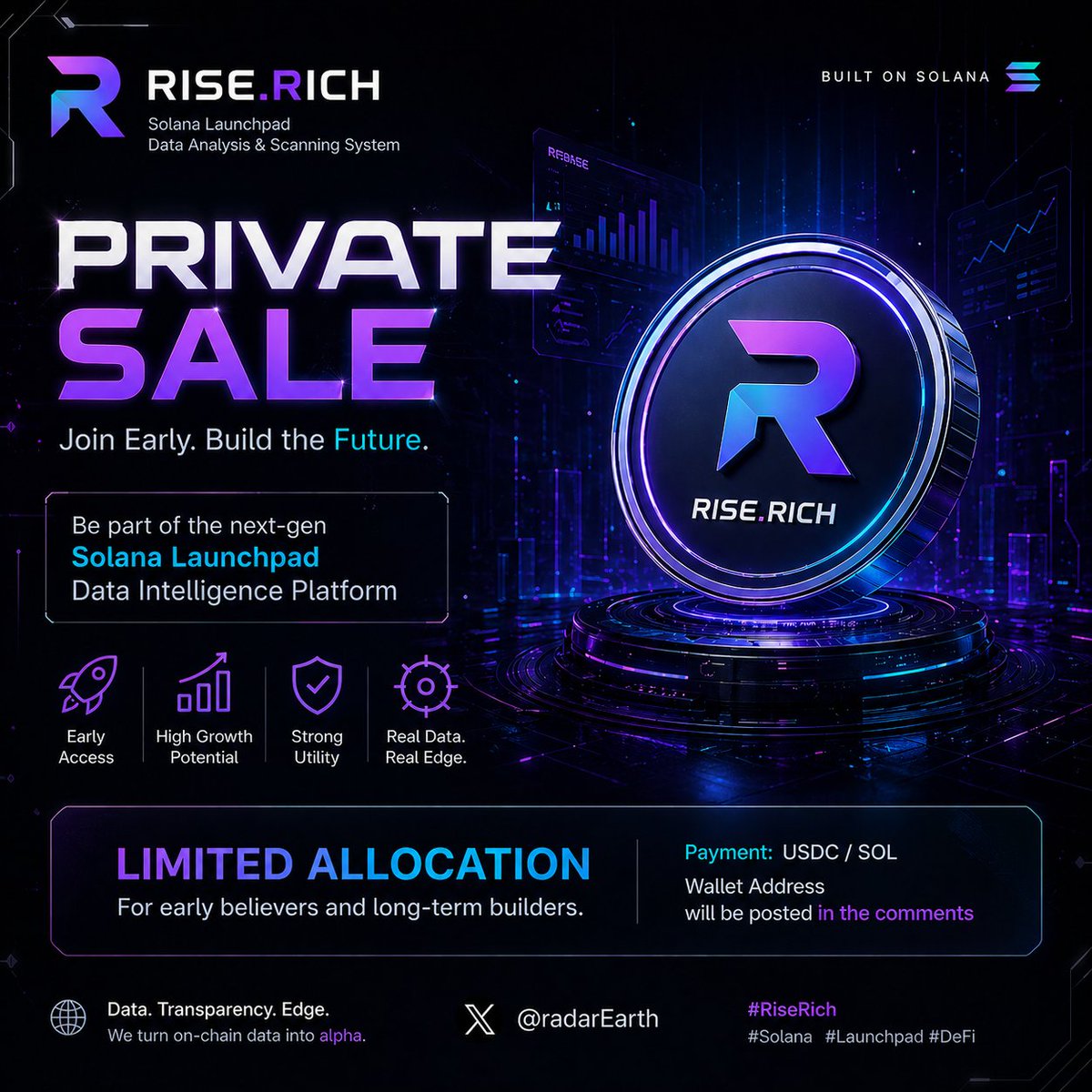 radarEarth's tweet image. Private Allocation🚀
• Real-time launchpad scanning
• Smart money analytics
• Risk &amp;amp; rug detection
• Alpha signal system
@risedotrich 
• Limited allocation
• Early pricing advantage
📩Contribution address in comments
Serious builders &amp;amp; long-term players only.
#solana #meme