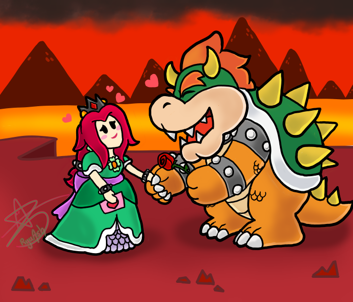 Been thinking of Super Paper Mario, and felt like drawing a quick cute moment between Bowser &amp; Clover. 🥰💌🌹