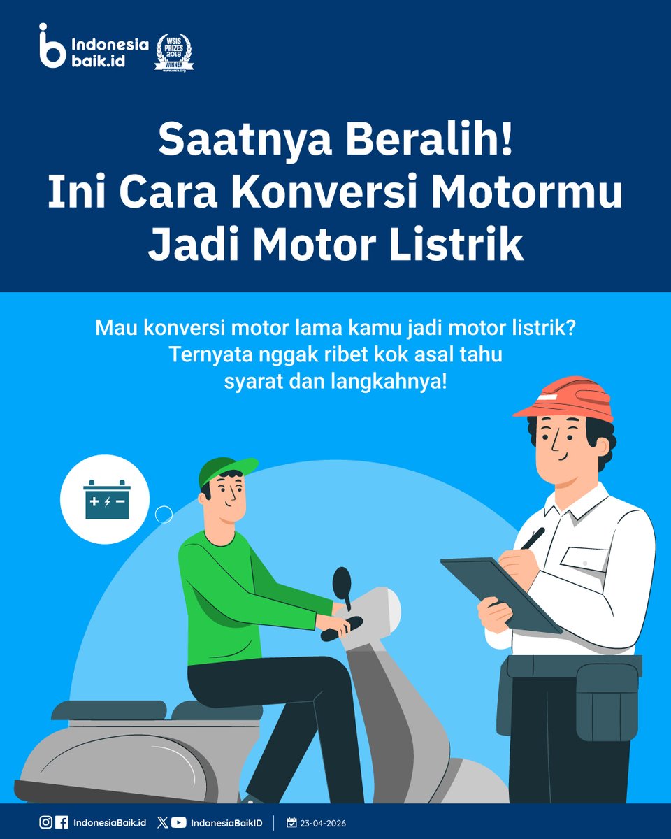 IndonesiaBaikId's tweet image. #KonversiMotorListrik kini menjadi solusi praktis bagi SohIB yg ingin beralih ke kendaraan yg lebih hemat &amp;amp; ramah lingkungan tanpa harus membeli motor baru.

Yuk simak caranya, SohIB😉

SohIB ada yg minat untuk konversi motornya ke motor listrik?

#IndonesiaBaik  #Infografik #EV
