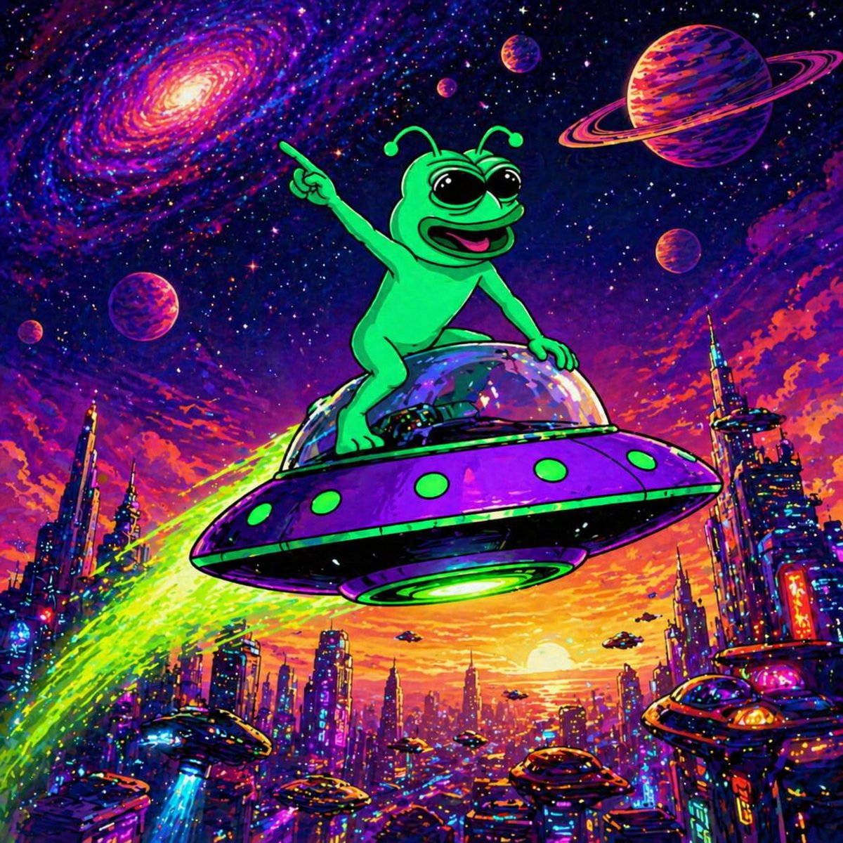 alienpepebymatt's tweet photo. From chaos to cosmic vibes — now cruising a neon galaxy city on a UFO like it’s nothing.
Who needs traffic when you’ve got interstellar lanes? 🌌✨
#AlienPepe #UFOlife #SciFiArt #CryptoVibes #ToTheMoon https://t.co/1leOE7WCXe