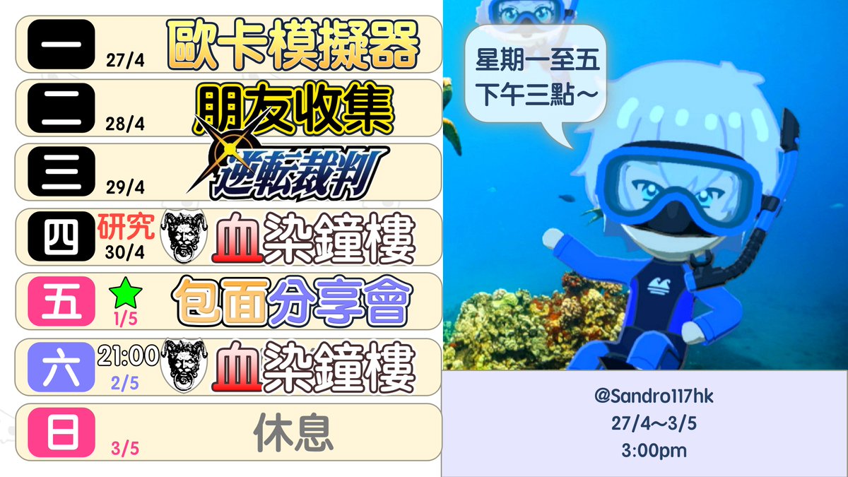 #包面播 #包面表
本星期嘅時間表出爐啦～ 🍞      
星期二繼續收集朋友們～ 🐻
星期四研究太狼新劇本～ 🩸
星期五會有得抽包面人～ 🥖