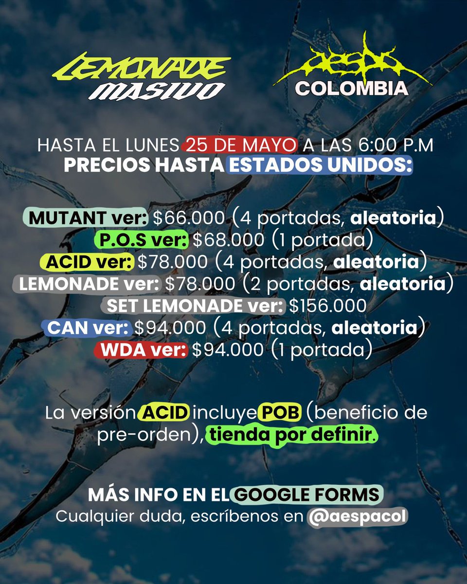 AESPACOL's tweet photo. 🍋 𝗠𝗔𝗦𝗜𝗩𝗢: 𝗟𝗘𝗠𝗢𝗡𝗔𝗗𝗘 ☢️

¡MY, aespa vuelve con su segundo full álbum! 🔥 

La fanbase se complace en anunciar el pedido masivo para el próximo comeback de las chicas "LEMONADE" 🍋‍🟩

📅 Fecha Límite: Lunes, 25 de Mayo a las 6:00 p.m.

📎: https://t.co/V1EBDMnEPW https://t.co/x45NHP4Cds
