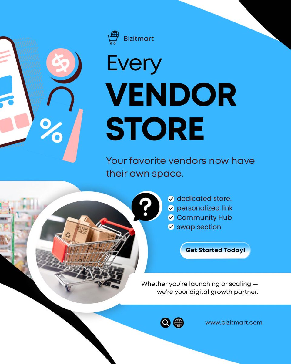 BizitMart's tweet photo. Your Store, Your Link, Your Rules 

Your brand deserves more than just a "Send a DM to order" flyer. On Bizit Mart, every vendor gets a dedicated space built for growth. No more messy chats just a professional store that works for you 24/7. #bizitmart #payment https://t.co/0j1n9TEJkE