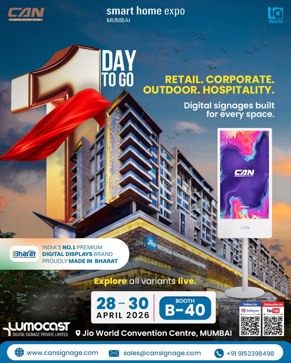 cansignage_'s tweet image. 1 Day to Go.

Different spaces need different signage. Digital displays adapt seamlessly across retail, corporate, and outdoor environments. Built for flexibility. Designed for business.

📍 Jio World Convention Centre | 28–30 April 2026 | Booth B-40
.
.
#CANSignage #SmartSignage