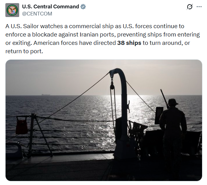 uniindianews's tweet image. A U.S. Sailor watches a commercial ship as U.S. forces continue to enforce a blockade against Iranian ports, preventing ships from entering or exiting. American forces have directed 38 ships to turn around, or return to port: US Central Command

@CENTCOM | #USCentralCommand |