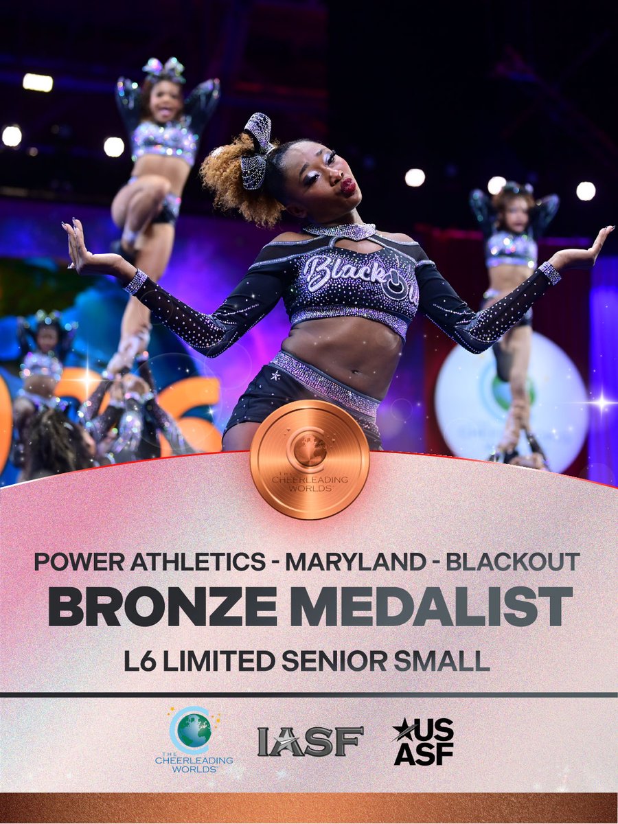 FloCheer's tweet photo. Congratulations to the #CheerWorlds2026 L6 Limited Senior Small Medalists!

🥇Rain Athletics - Aqua
 🥈Platinum Athletics - PAC - 5
 🥉Power Athletics - Maryland - Blackout https://t.co/2CErviHIGJ