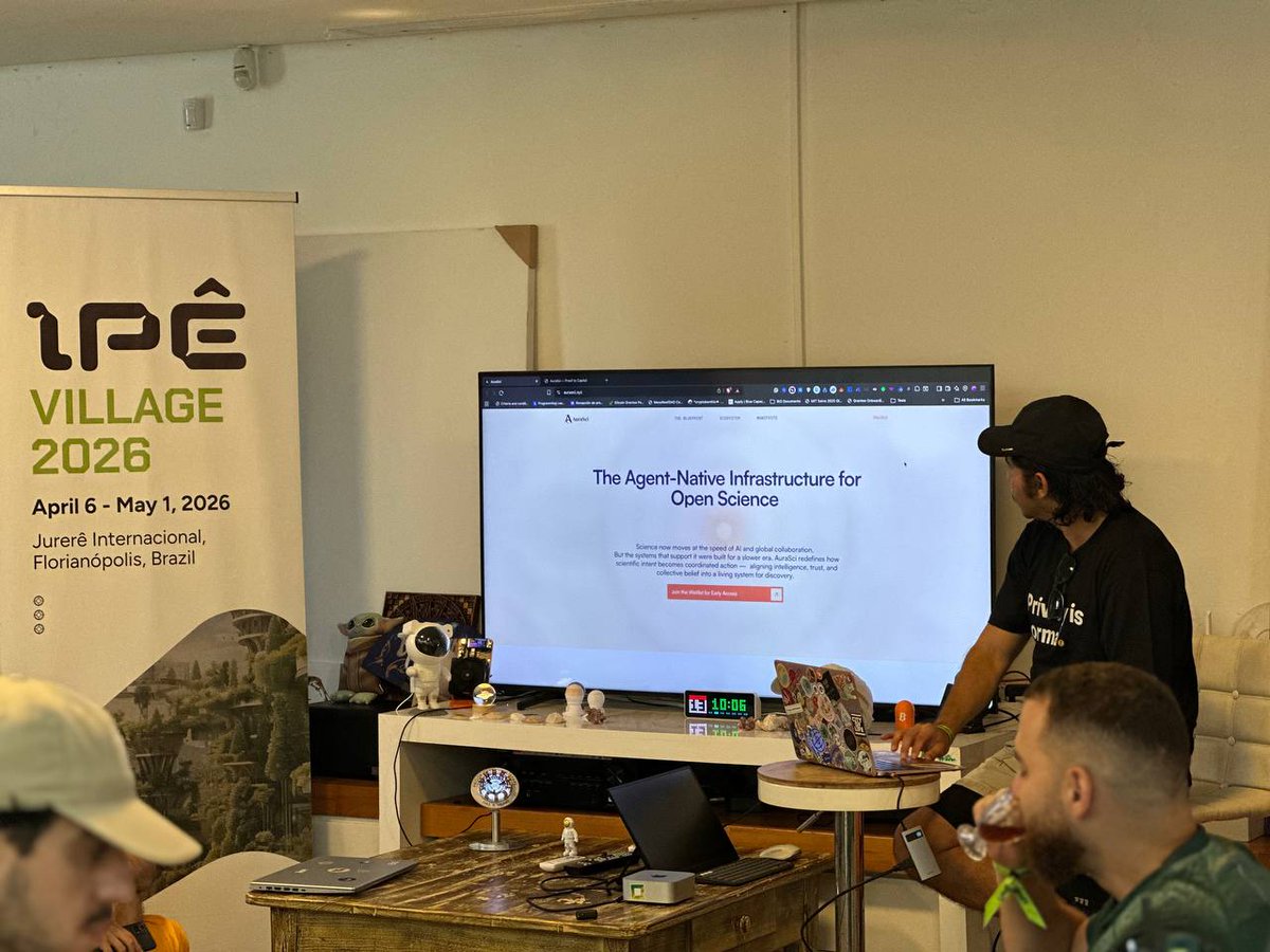 Aura_Sci's tweet photo. AuraSci at IPE Village 🌿
@Cypherpunkfish1  shared a live demo of AuraSci and introduced our vision for agent-native infrastructure for open science.

Great conversations around DeSci, AI for Science, and how new coordination systems can help scientific ideas move from intent to real execution.

More to come from AuraSci. ✨