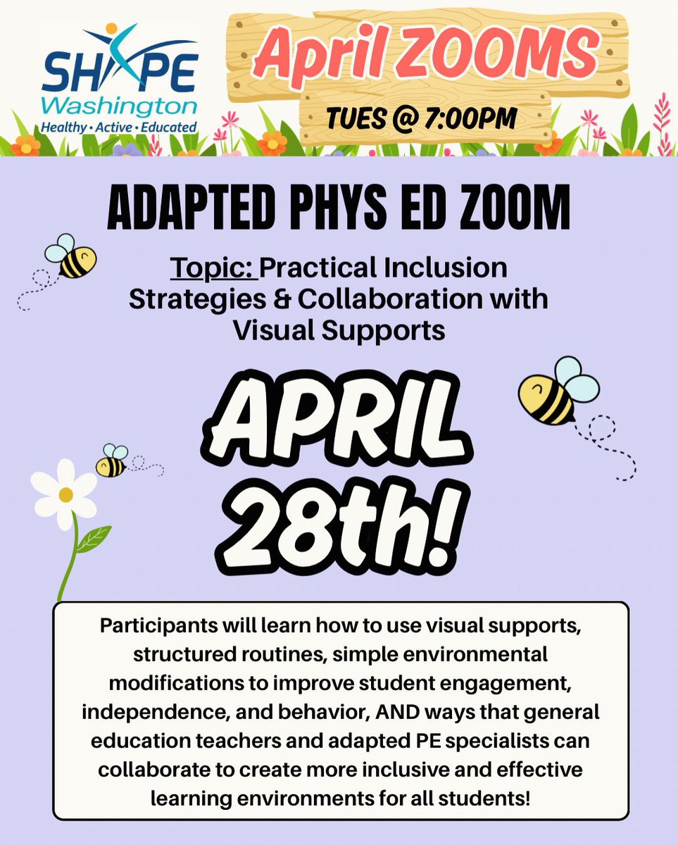 SHAPEWA's tweet photo. Happy Sunday everyone!! 😊🐝🌷

We have one more April ZOOM for you that you DON’T want to miss!!! Join us this Tuesday, April 28th @ 7:00pm for our Adapted Phys Ed Zoom. 

*Visit https://t.co/CTkPosIn3Q or click the Zoom link in bio https://t.co/dhh7WQAVJK