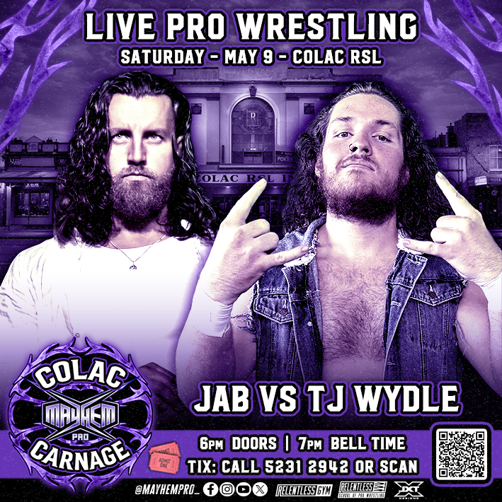 MayhemPro_'s tweet image. ⛓️‍COLAC CARNAGE MATCH ⛓️‍

As @this_is_jab is gathering The Cycle together, he has his work cut out for him in Colac

Facing off against the hard working 'Black Hole Son' @tjwyldepw 
 
📅 Saturday May 9
📍 Colac RSL
🚪 6pm
🔔 7pm
🎟️ tinyurl.com/colaccarnage

#ProWrestling