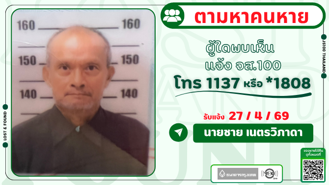 ชายชรามีอาการอัลไซเมอร์ หายจากหมู่บ้านเบล็สทาวน์ ซ.รามอินทรา 127 เขตมีนบุรี ผู้ใดพบเห็นแจ้ง JS100 โทร *1808 หรือ 1137

รายละเอียดเพิ่มเติม : js100.com/en/site/lost_f…

#คนหาย #ตามหาคนหาย #JS100