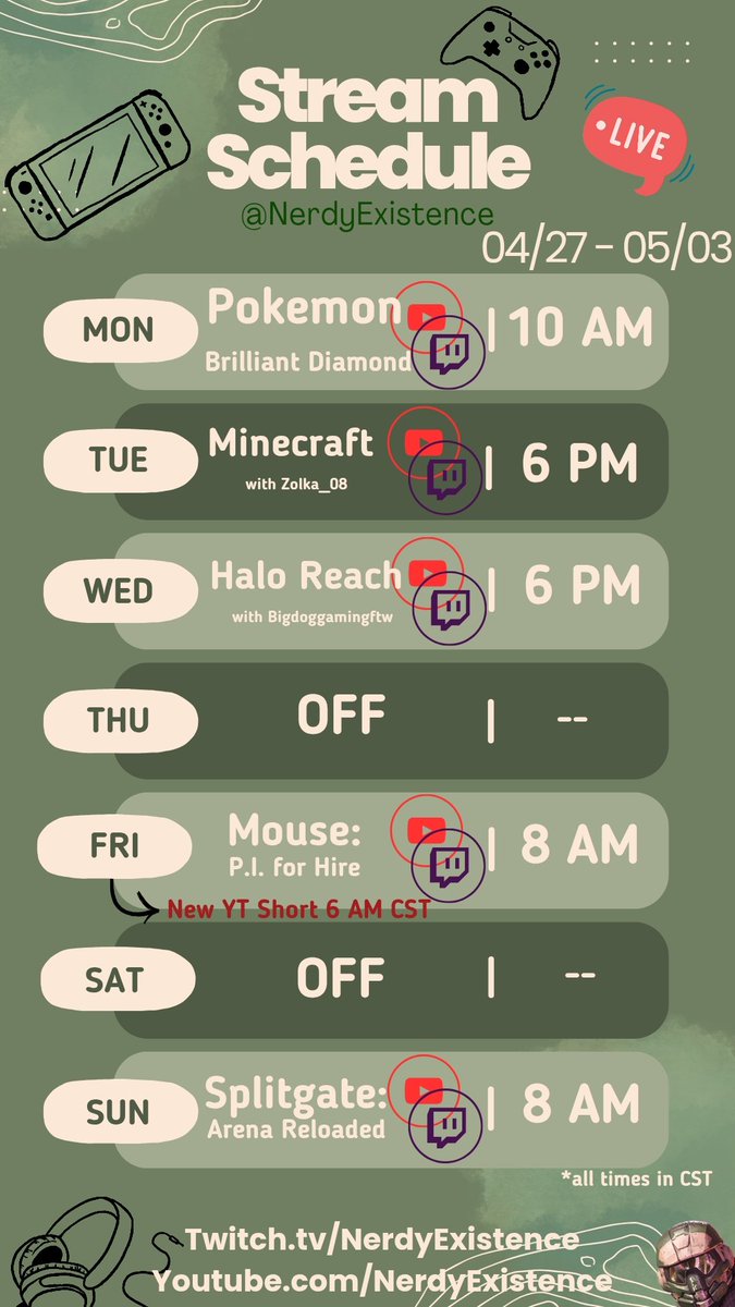 NerdyExistence's tweet photo. Busy streaming week. Switching from my winter work schedule to my summer schedule. Hoping to get some things changed up this summer with my presentation. 🔗 in bio. Schedule below. #gaming #contentcreation #halo #minecraft ##mousepiforhire #splitgate https://t.co/NRp3Hffohd