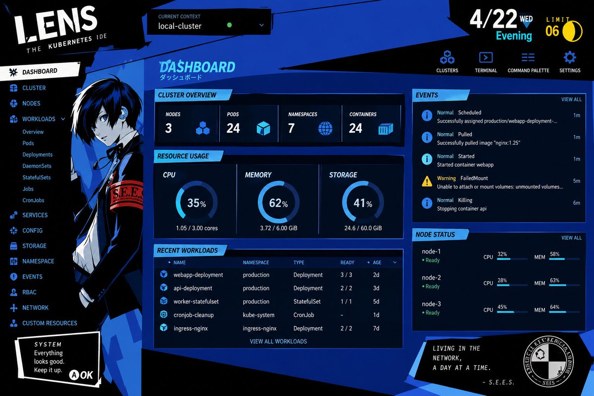 rshero86's tweet photo. k8s lens UI in the style of persona 3 reload https://t.co/x7u3wpDnru