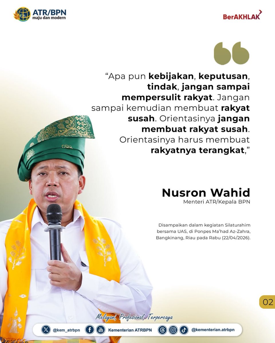 AtrRembang's tweet photo. Halo #SobATRBPN, Menteri Agraria dan Tata Ruang/Kepala BPN, Nusron Wahid, menyampaikan pesan tersebut kepada jajaran Kantor Wilayah BPN Provinsi Riau dalam kegiatan Silaturahim dan Ceramah Keagamaan bersama Abdul Somad di Pondok Pesantren Ma’had Az-Zahra, Bangkinang https://t.co/0ttlNYB004