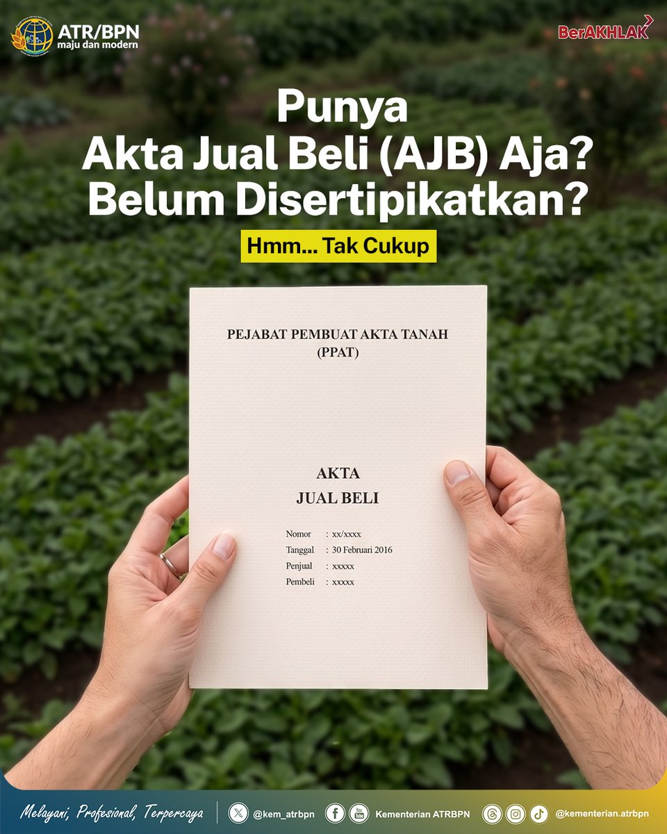 AtrRembang's tweet photo. Halo #SobATRBPN, apakah tanahmu masih belum bersertipikat atau masih berupa Akta Jual Beli (AJB)?

Ayo segera sertipikatkan tanahmu agar terhindar dari risiko atau masalah yang tidak diinginkan.

Terus caranya gimana sih?

Simak selengkapnya pada infog berikut ya, Sob☝🏼 https://t.co/5Jta56eA7h