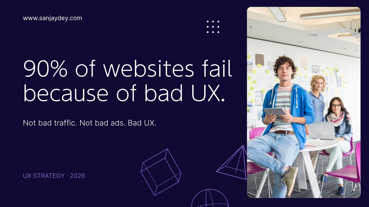 deysanjay74's tweet image. 90% of websites fail in 2026 — not because of bad traffic, but because of bad UX.
12 fixes that move conversions:

Mobile speed
Form friction
Buried CTAs

#UXDesign #ConversionOptimization #WebDesign

sanjaydey.com/bad-ux-website…