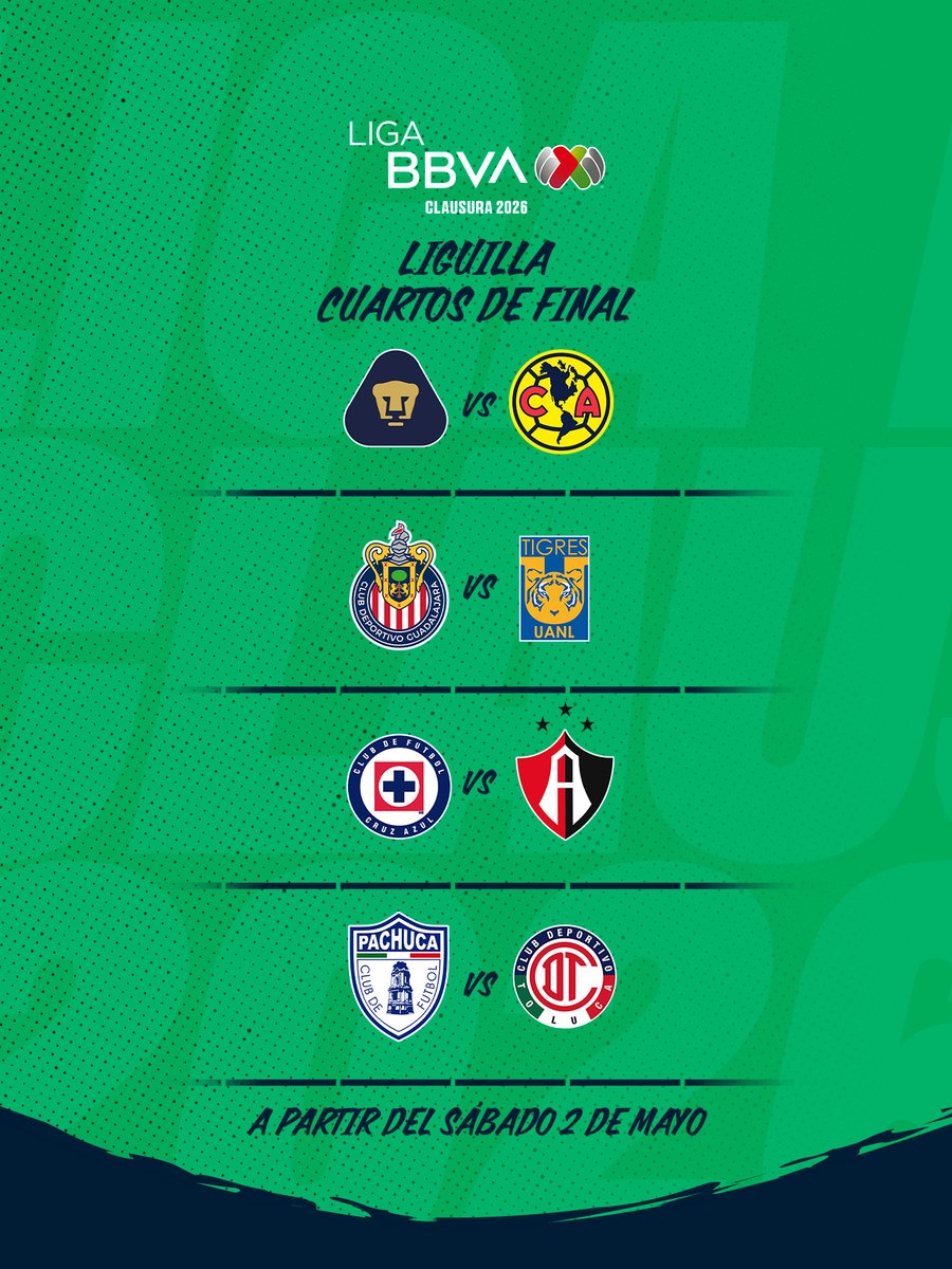 Activamos el modo Fiesta Grande en #NuestraLiguilla 🤩⚽

Estos son los Cuartos de Final que nos harán vibrar 🔥🔝 a partir del sábado 2 de mayo con un Pumas vs América incluido💎