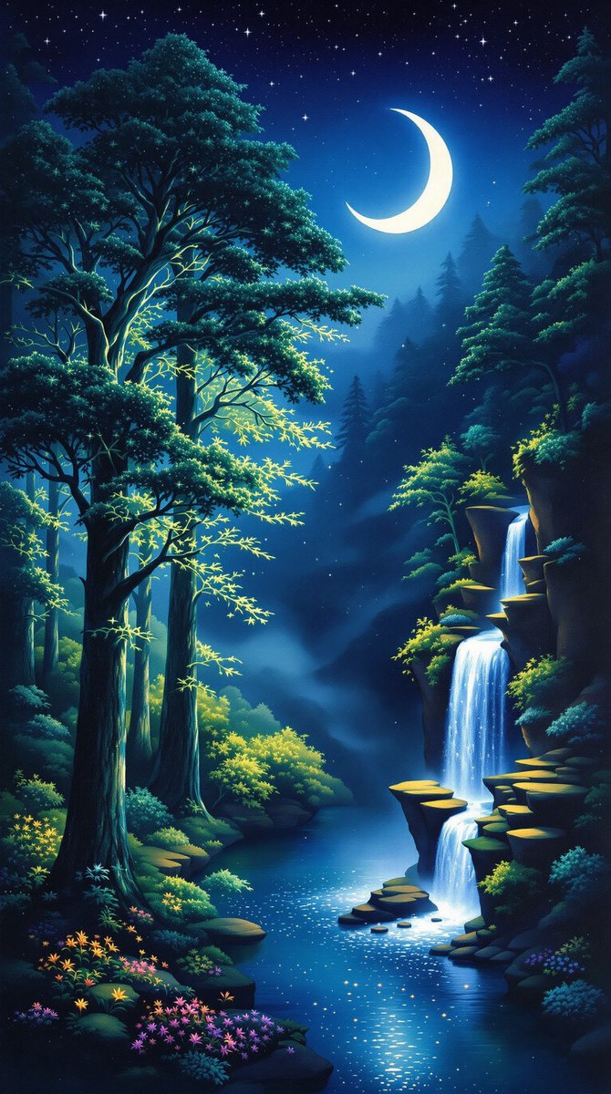 wallpaper_fm's tweet image. Under a crescent glow, the forest sang with waters lifting secrets to the moonlit sky.

#Wallpapers #Wallpapers4k #nightfall #moonlight #nature #serenity #enchantedforest #waterfall