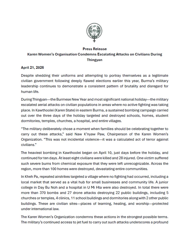 karenwomenorg's tweet photo. 📌Press Release: KWO Condemns Escalating Attacks on Civilians During Thingyan

“The military deliberately chose a moment when families should be celebrating together to carry out these attacks,” said Naw K’nyaw Paw. “This was not incidental violence—it was a calculated act." https://t.co/MFN40eS2vj