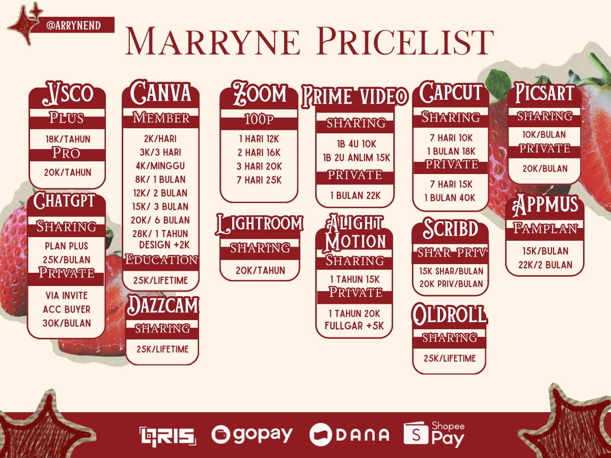 ⋆ 𖦹 M𝐚𝐫𝐫𝐲𝐧𝐞 🍓 - open jual aplikasi premium tweet media