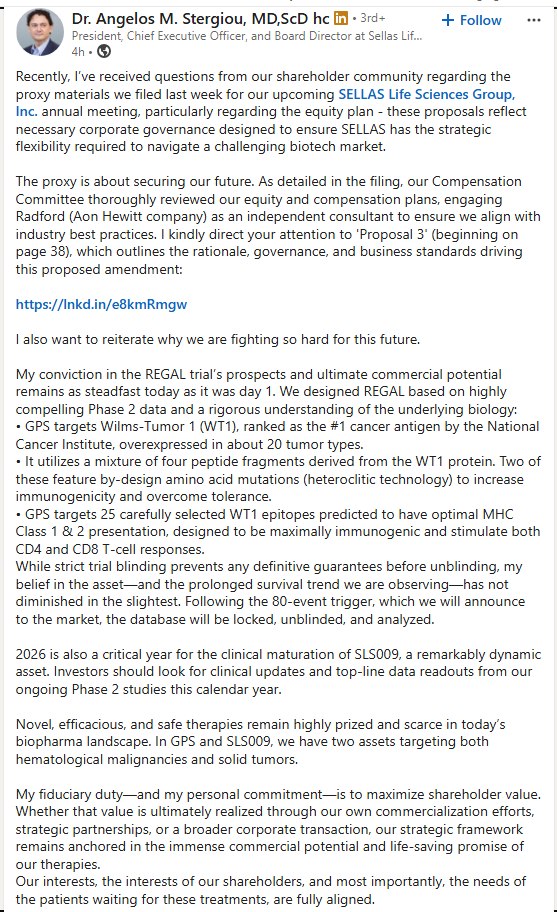 $SLS Sellas Life Science - Stergiou's Sunday Message:  80-Event Announcement Imminent. Shorts, the exit is closing. 🚀 #ShortSqueeze #Biotech #REGAL