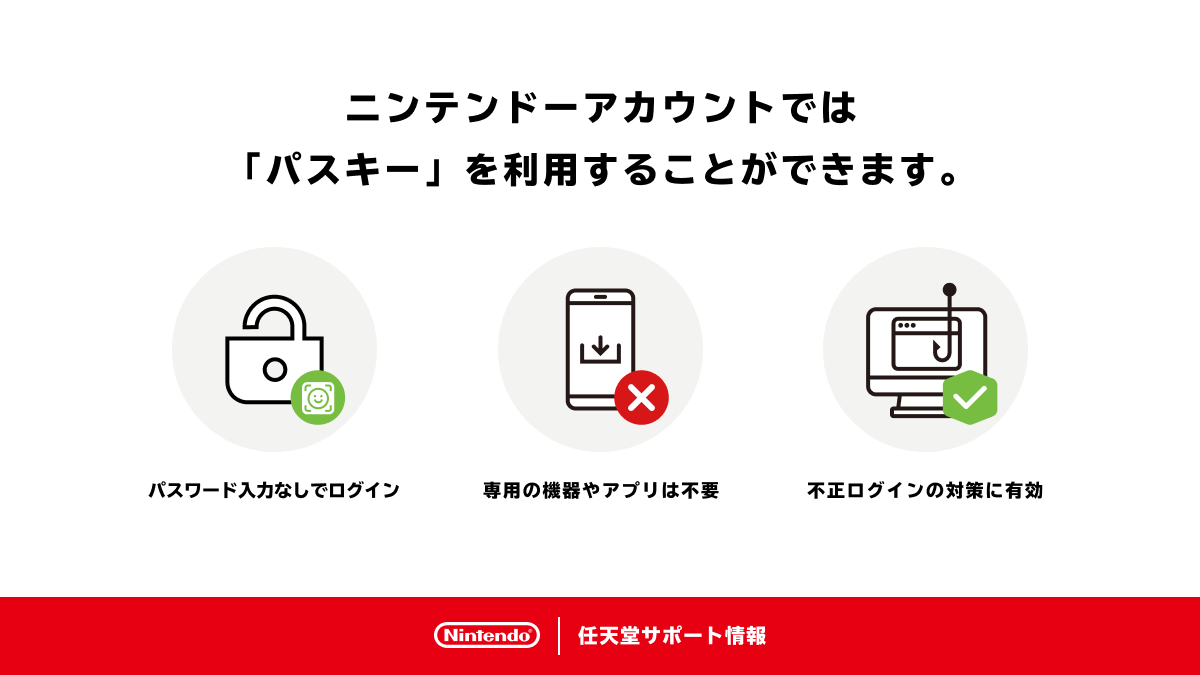ニンテンドーアカウントは、「パスキー」によるログインに対応しています。
スマートフォンの生体認証などを使って簡単にログインでき、不正ログイン対策にも有効です。
くわしくはこちらのサポートページをご覧ください。 support.nintendo.com/jp/nintendo_ac…