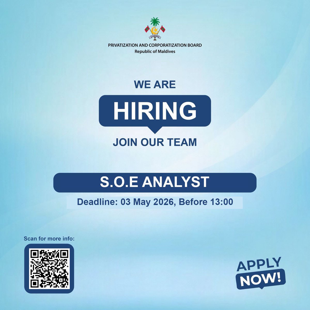 Job Opportunity: S.O.E ANALYST 

For further details: gazette.gov.mv/iulaan/390608