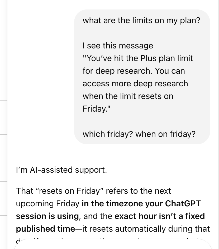 MicRum's tweet photo. me: what's my deep research limit?
openai: we won't tell you, but it will be reset on Friday
me: (waited until Saturday) okay, which Friday?
openai: we won't tell you
me: canceled ChatGPT Plus, subscribed to Claude Pro https://t.co/GYuy6HSizu