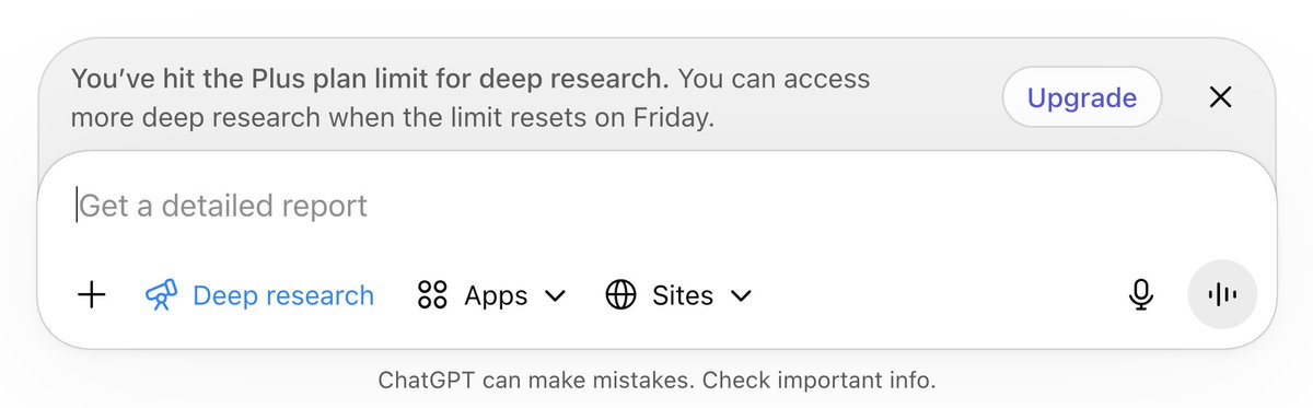 MicRum's tweet photo. me: what's my deep research limit?
openai: we won't tell you, but it will be reset on Friday
me: (waited until Saturday) okay, which Friday?
openai: we won't tell you
me: canceled ChatGPT Plus, subscribed to Claude Pro https://t.co/GYuy6HSizu