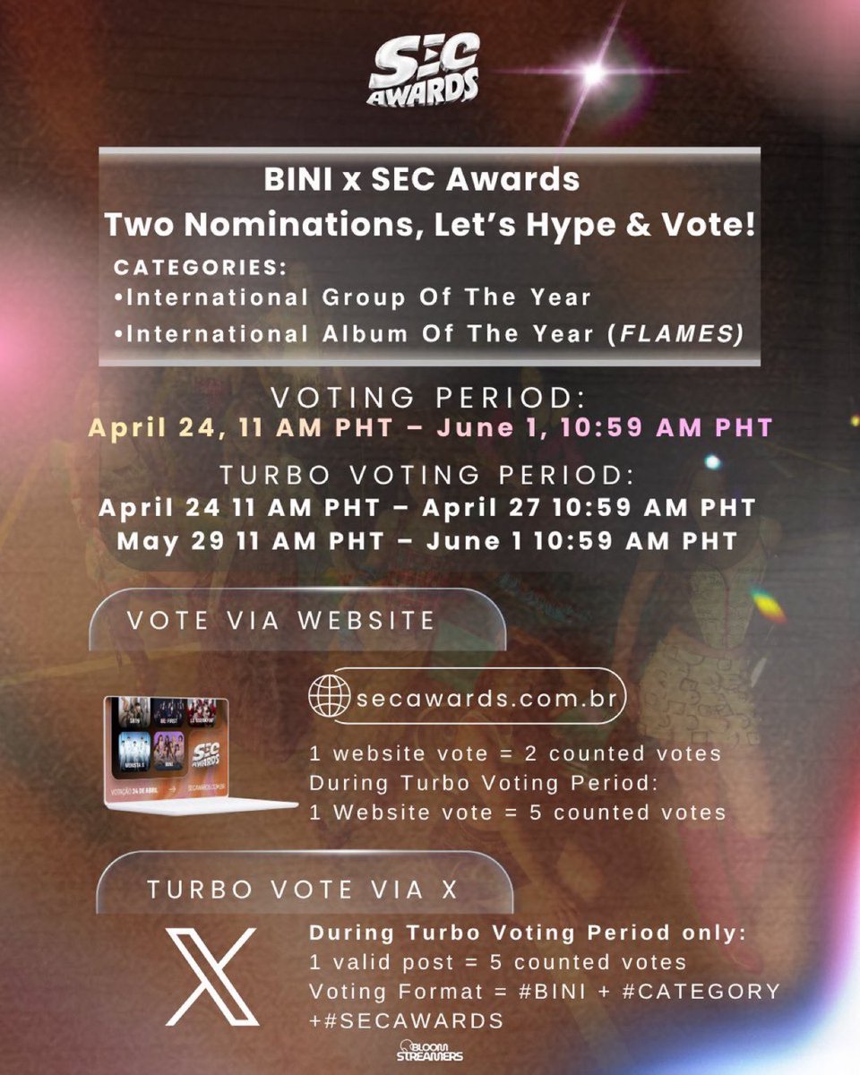 𝗦𝗘𝗖 𝗔𝘄𝗮𝗿𝗱𝘀 – WEBSITE VOTING🚨

🗳️ 𝗩𝗼𝘁𝗶𝗻𝗴 𝗣𝗲𝗿𝗶𝗼𝗱:
April 24, 11:00 AM PHT – June 1, 10:59 AM PHT

𝗛𝗢𝗪 𝗧𝗢 𝗩𝗢𝗧𝗘:
————

🌐 Vote via Website (Unlimited voting)

1. Go to SECawards.com.br
2. Choose a category:
• 𝗜𝗻𝘁𝗲𝗿𝗻𝗮𝘁𝗶𝗼𝗻𝗮𝗹 𝗚𝗿𝗼𝘂𝗽