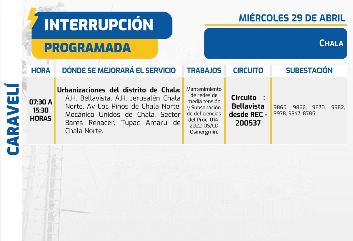 SealArequipa's tweet image. #InterrupciónProgramada🔌
🗓 MIÉRCOLES 2️⃣9️⃣ DE ABRIL
⚡ Trabajos en el suministro eléctrico en algunas zonas de:
📍Cerro Colorado [Provincia de #Arequipa]
📍Alca, Cotahuasi, Huaynacotas, Pampamarca, Tomepampa [Provincia de #LaUnión]
📍Chala [Provincia de #Caravelí]