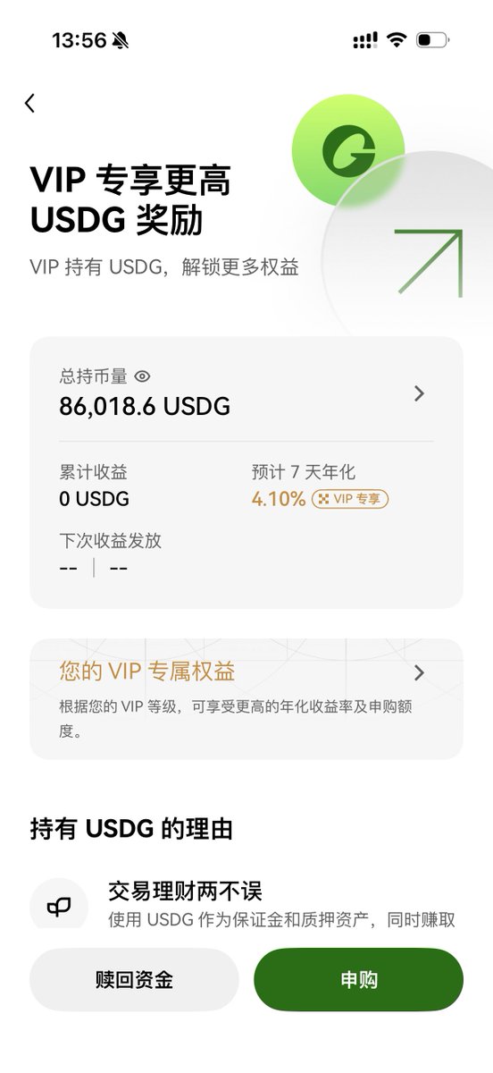 oooooyoung's tweet image. 存了快 10w 刀 $USDG 在 OKX 当理财局

目前 #OKX 给 VIP 的 USDG 年化是 4.1% ，算是稳定理财里比较香的了

之前用USDT兑换USDG有磨损，然后这两天OKX更新了，可以直接在赚币里申购USDG，甚至申购10w刀还多几十刀的USDG，有钱的可以去存点👇

① 💻：okx.com/zh-hans/earn/u…
② 📱：OKX app -&amp;gt; 探索