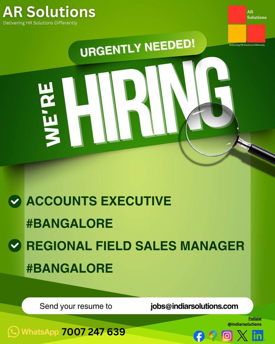 indiarsolutions's tweet photo. 📢 Hiring: Accounts Executive &amp; Regional Field Sales Manager – Bangalore

✅ Accounts Executive
✅ Regional Field Sales Manager

#Hiring #BangaloreJobs #AccountsExecutive #SalesJobs #FieldSales #JobsInBangalore #FreshersJobs #ExperiencedJobs #ARSolutions #UrgentHiring #JobOpening https://t.co/bfHFkAjrnj