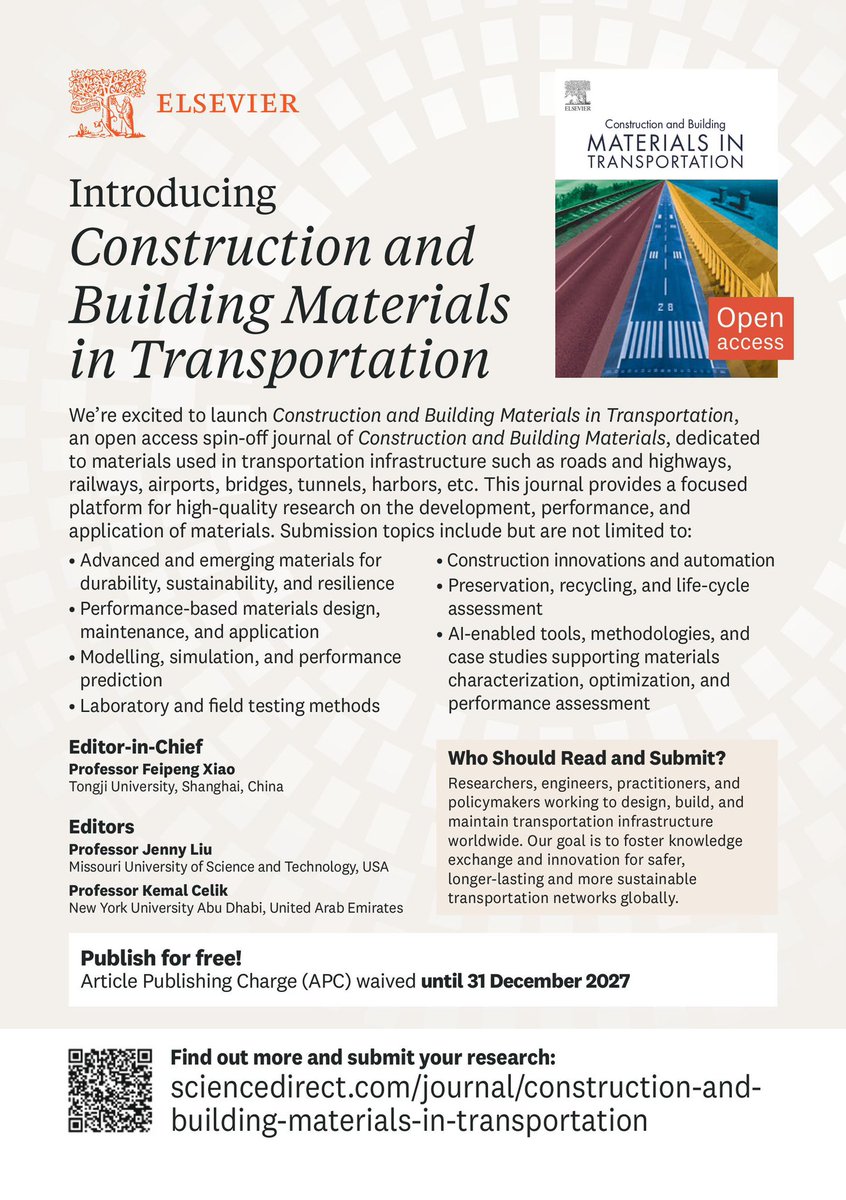 Eng_structures's tweet photo. We are pleased to introduce Construction and Building Materials in Transportation, a new open access spin-off journal from Construction and Building Materials. More information can be found here: https://t.co/WrgWEnda8U https://t.co/7I39cSj8ay