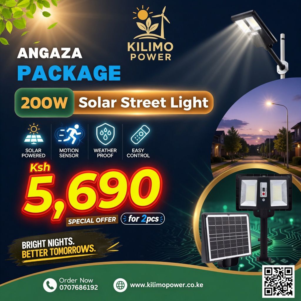 KagochaMorris's tweet image. 🌟 Solar Street Light Deal!
200W Solar LED Street Light (2pcs) Motion sensor + Weatherproof + Remote control
Only KSh 5,690 for 2 pieces!
Bright nights, zero electricity bills.
Nationwide delivery + pay after arrival.
Call/WhatsApp 0707 686 192
#SolarLight #Angaza #KilimoPower