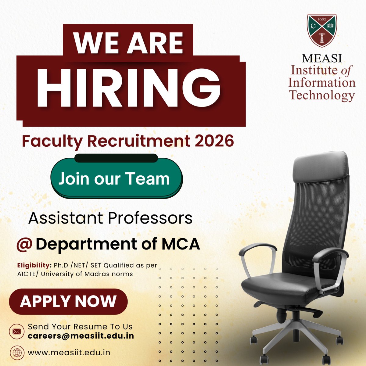 measiit's tweet photo. 📢 MEASI Institute of Information Technology is Hiring!

Assistant Professors – Dept. of MCA

🎓 Ph.D / NET / SET (as per AICTE norms)
📅 Last Date: 06 May 2026
📩 careers@measiit.edu.in

🌐 https://t.co/15vjb7m5eF

#MEASIIT #Hiring #FacultyRecruitment #MCA #AcademicJobs https://t.co/OvWl0GSMNj