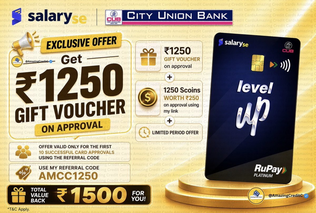 AmazingCreditC's tweet photo. 🚀 🚨Grab Fast: Opening 3 more slots for SalarySe Level Up Credit Card

Get ₹1,250 voucher from my side + ₹250 worth coins on approval

Apply using code AMCC1250 for the gift voucher incentive

Total ₹1,500 value when you get approved and complete your first transaction

DM me before applying. After applying, share your mobile number and full name so I can track your referral

Only users who complete the first transaction via the SalarySe app and are successfully counted as referrals will be eligible

First come, first serve ⏳
