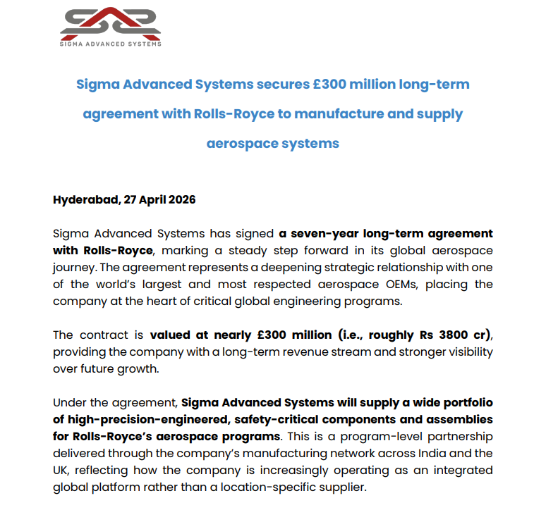 CNBCTV18Live's tweet photo. #JustIN | #SigmaAdvancedSystems secures £300 million long-term agreement with Rolls-Royce to manufacture and supply aerospace systems https://t.co/CTV1WDbHDO