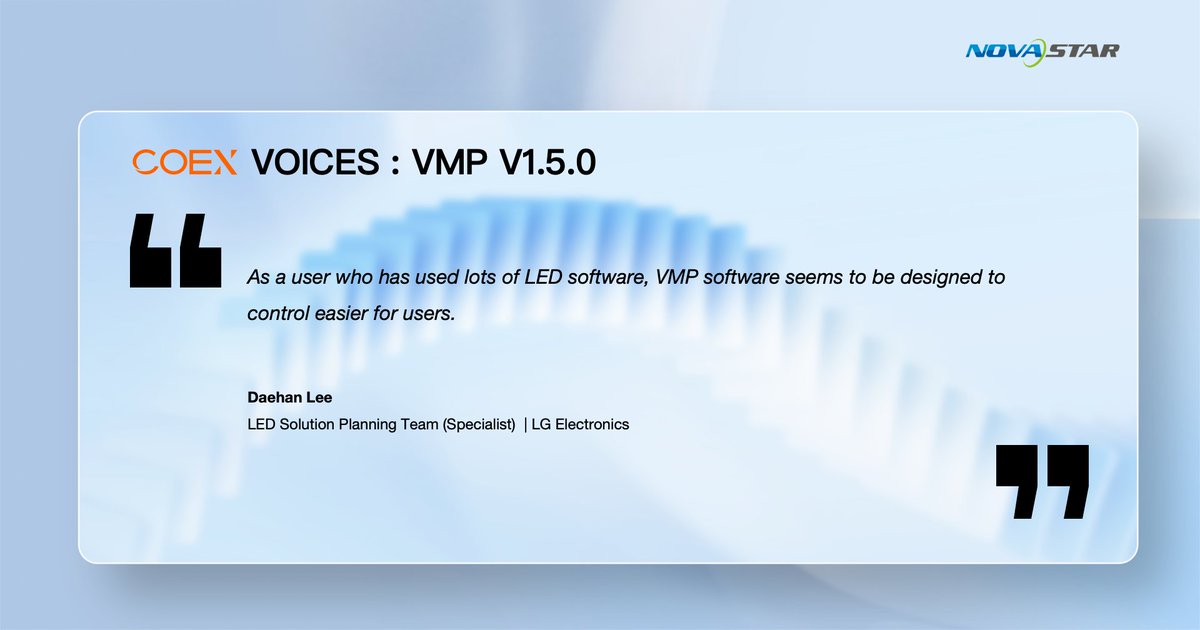 novastartech's tweet photo. COEX VOICES ๐๏ธ
VMP makes control easier.
After working with multiple LED software solutions, Daehan Lee from LG Electronics highlights how VMP stands out with its intuitive design and user-friendly control experience.
#NovaStar #COEX #VMP #LEDControl #UserExperience #LEDTechnology #ProAV