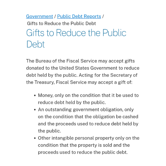 Lisaghaif's tweet image. The US government is accepting donations to address its $35 trillion debt. Even with $1M daily contributions, repayment would take 106,849 years. How sustainable is this? #Economy #Finance