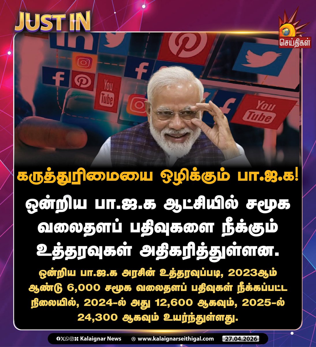 Kalaignarnews's tweet image. கருத்துரிமையை ஒழிக்கும் பா.ஜ.க!

#BJPFails #SocialMedia #SMAccountsBan #KalaignarSeithigal